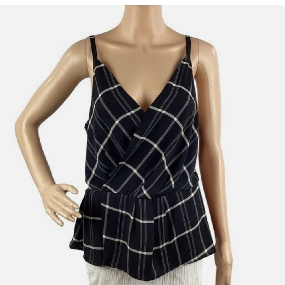 CAbi Crossover Peplum Black White Plaid Checkered Top Size 8 Peplum Camisole